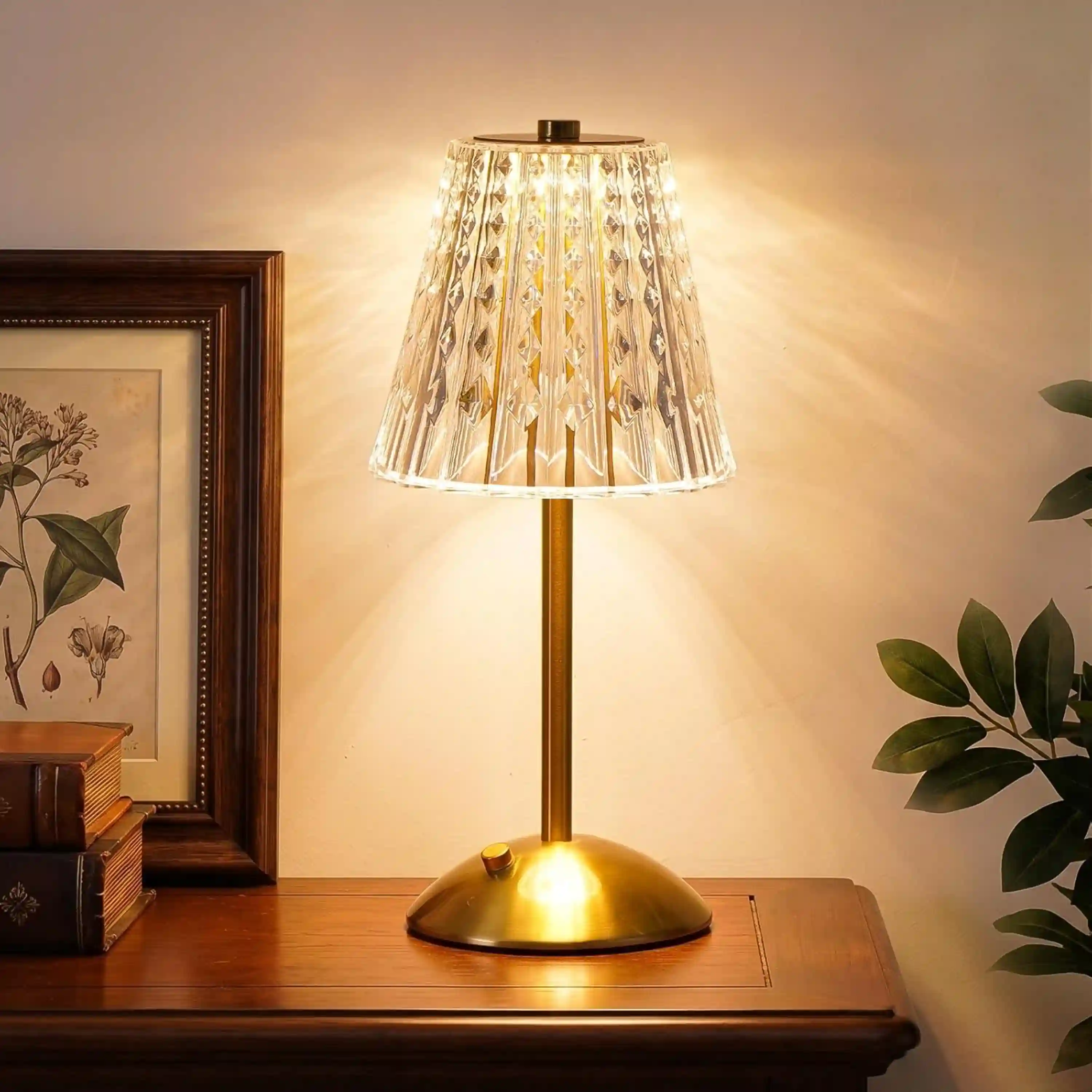 Cordless Touch Table Lamp Rechargeable Small Desk Lamp 3 Color Dimmable Gold Crystal Lamp