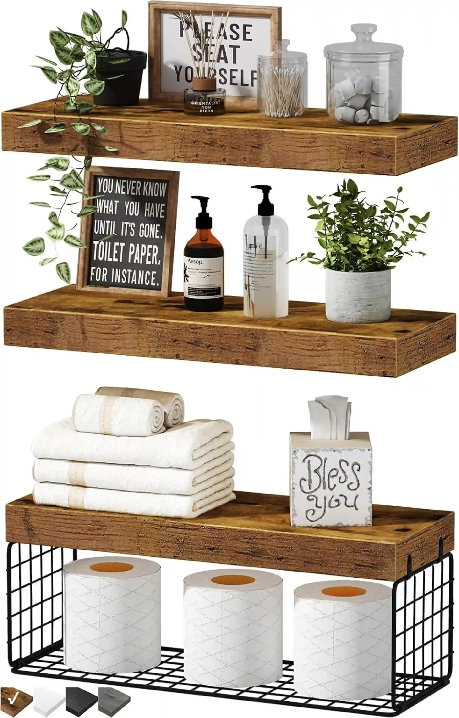 QEEIG Bathroom Shelves Over Toilet Wall Mounted Floating Shelves Set of 3 Rustic Brown