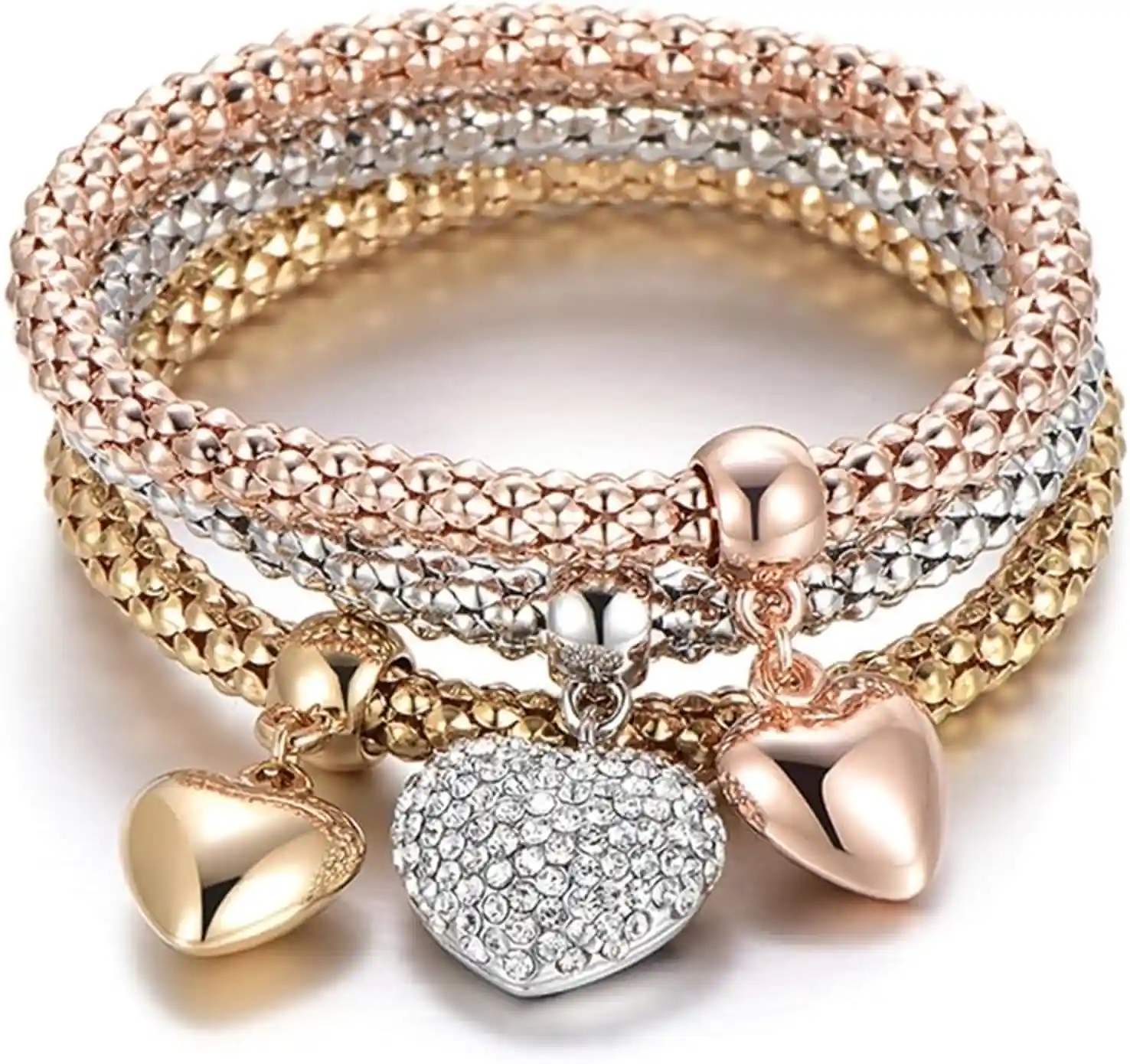 SILANER Crystal Charms Multilayer Stretch Bracelet Set Gold Silver Rose Gold Corn Chain Bracelets for Women