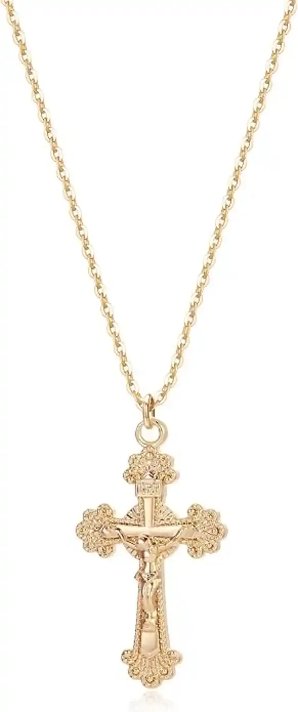Fettero Cross Necklace 14K Gold Plated Faith Pendant Dainty Chain Religious Jewelry for Women