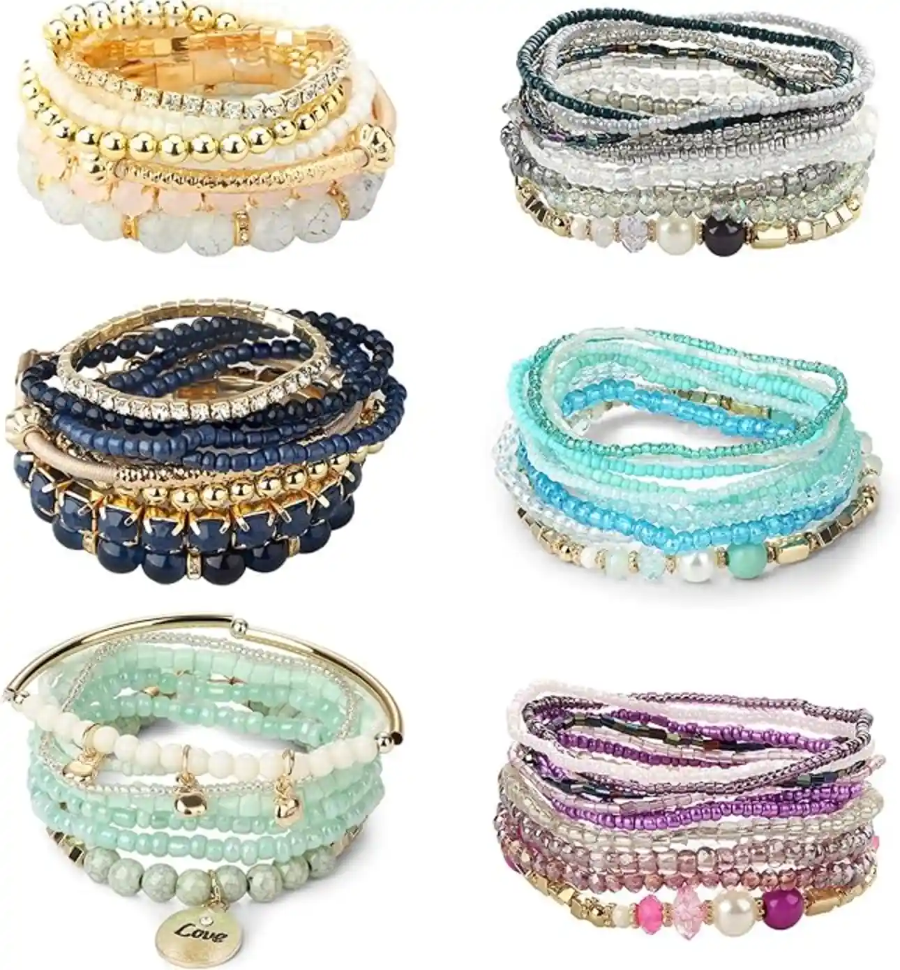 6 Sets Bohemian Stackable Bead Bracelets for Women Stretch Multilayered Boho Bracelet Set