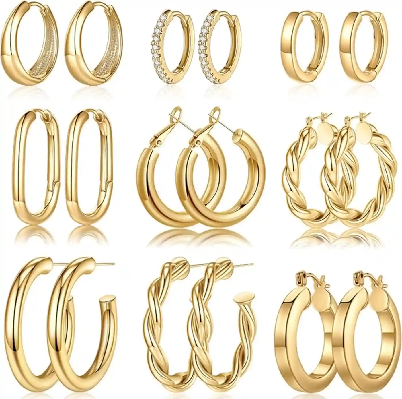 9 Pairs 14K Gold Plated Chunky Hoop Earrings Set Hypoallergenic Lightweight Earrings for Women