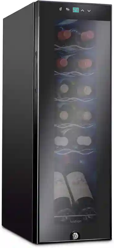 Ivation 12 Bottle Compressor Wine Cooler Freestanding Refrigerator with Lock and UV Protection Glass Door