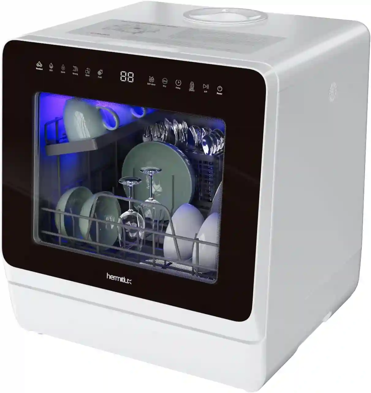Hermitlux Countertop Dishwasher Portable Mini Washing Machine with 5L Built in Water Tank Glass Door and LED Light