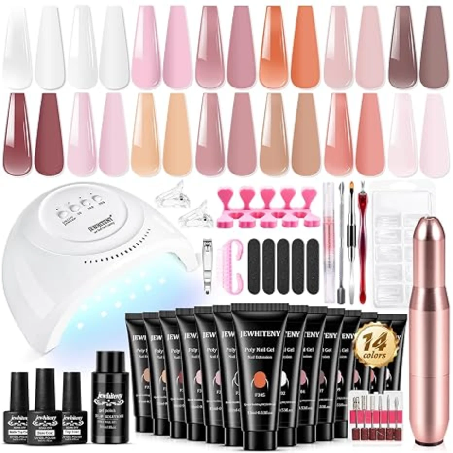 JEWHITENY 14 Color Poly Gel Nail Extension Kit with Drill and UV Light