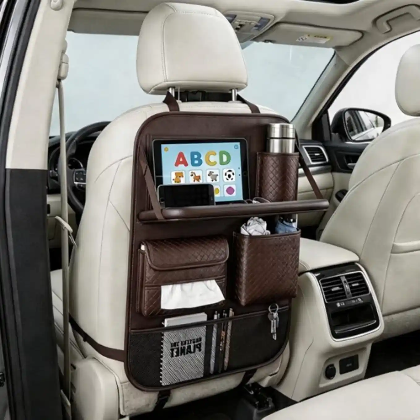 Fivveor Premium Nappa Leather Car Seat Back Organizer Foldable Tray Tablet Holder Storage