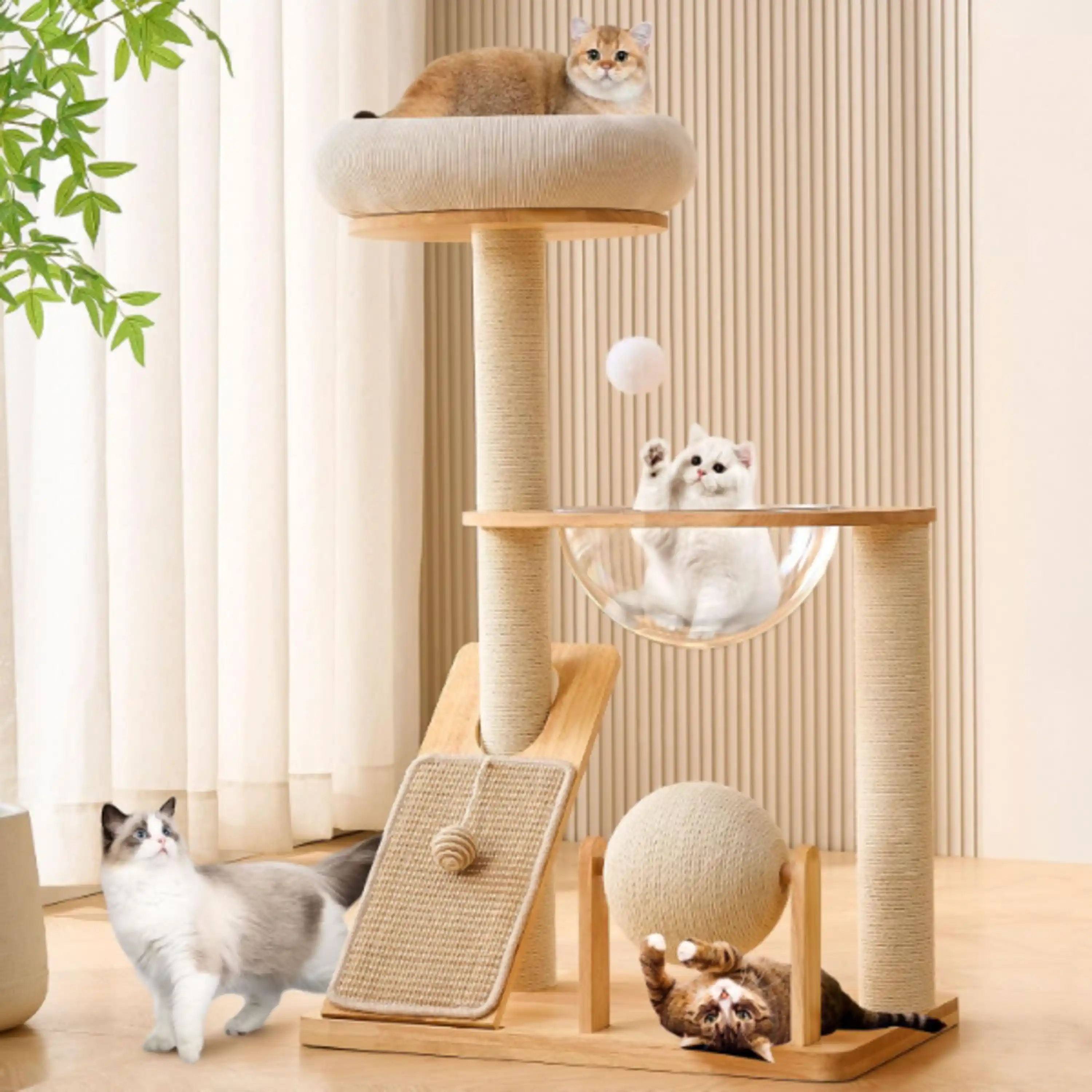 HITTITE Solid Wood Cat Tree Tower Scratching Post Space Capsule White Corduroy