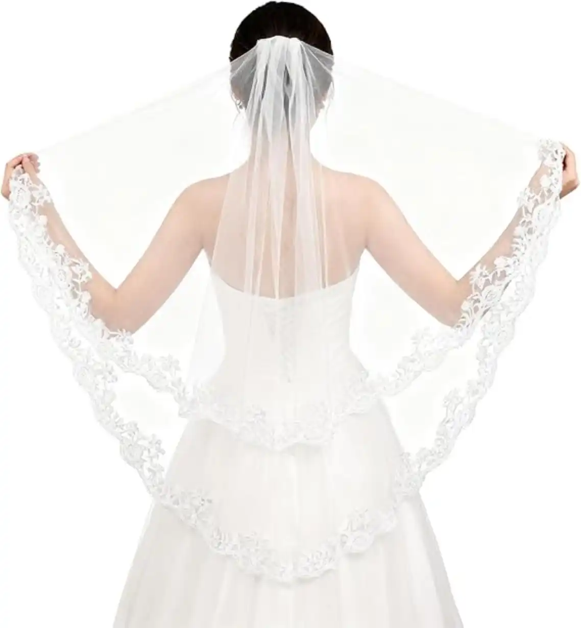 White Lace Veil Lace Appliques Bridal Veils Satin Edge Tulle Veil Set