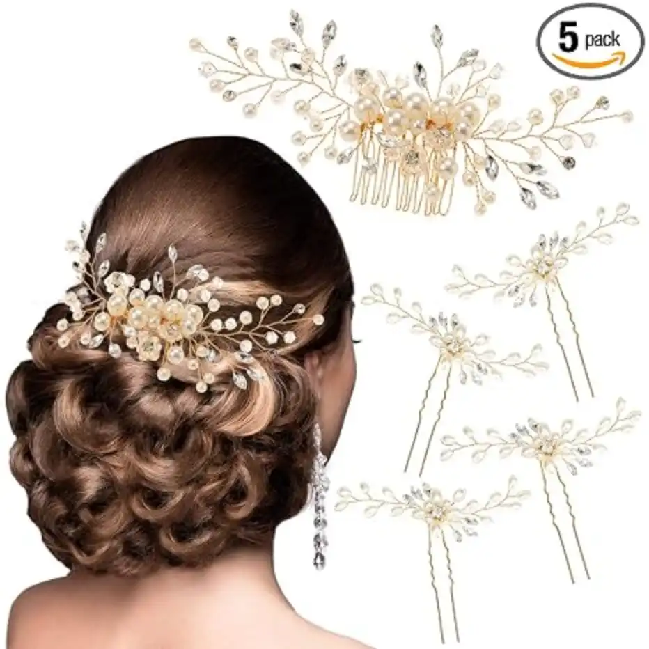 ULTIMUTE Hair Comb and Pins Pearl Crystal Rhinestone Bridal Hair Accessories Gold Set