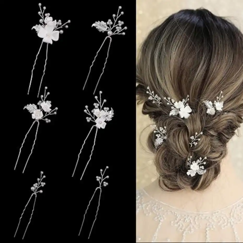 Handmade Pearl Bridal Wedding Hair Pins 6Pcs White Flower Gold Leaf Clips Set
