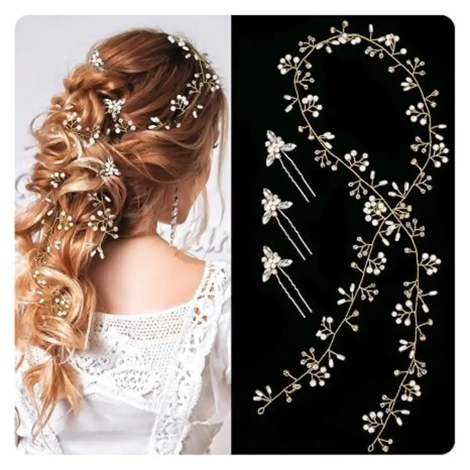 Wedding Hair Bridal Accessories Vine Crystal Extra Long Pearl Beads Headband