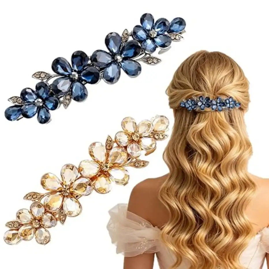 2 Pcs Rhinestone Hair Clips Barrettes Champagne Blue Bridal Hair Accessories
