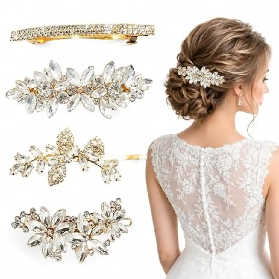 4Pcs Rhinestone Hair Barrettes for Women Gold Crystal Clips Accessories
