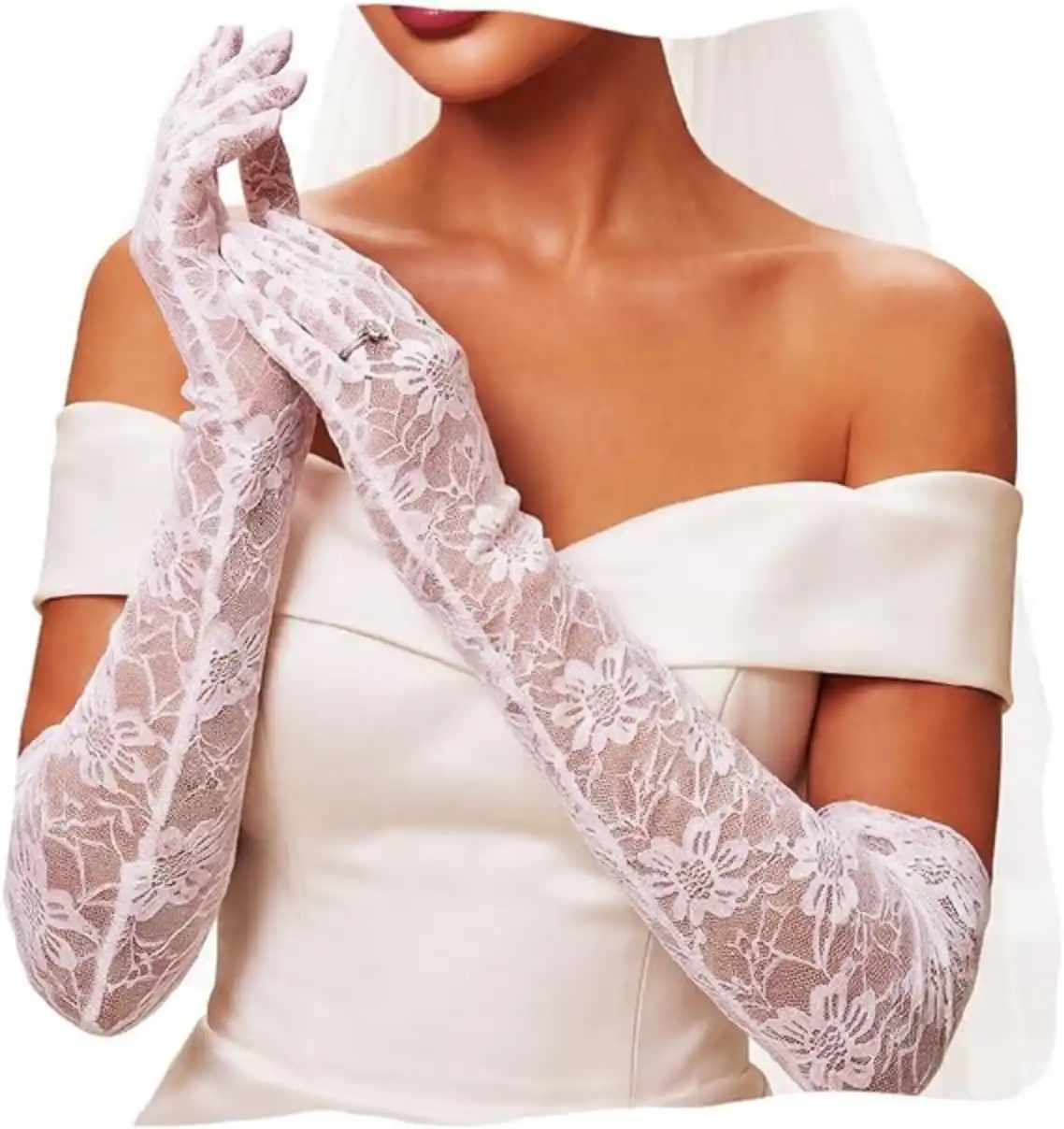 Campsis White Lace Gloves Long Bridal Wedding Gloves Formal Bride Sleeves