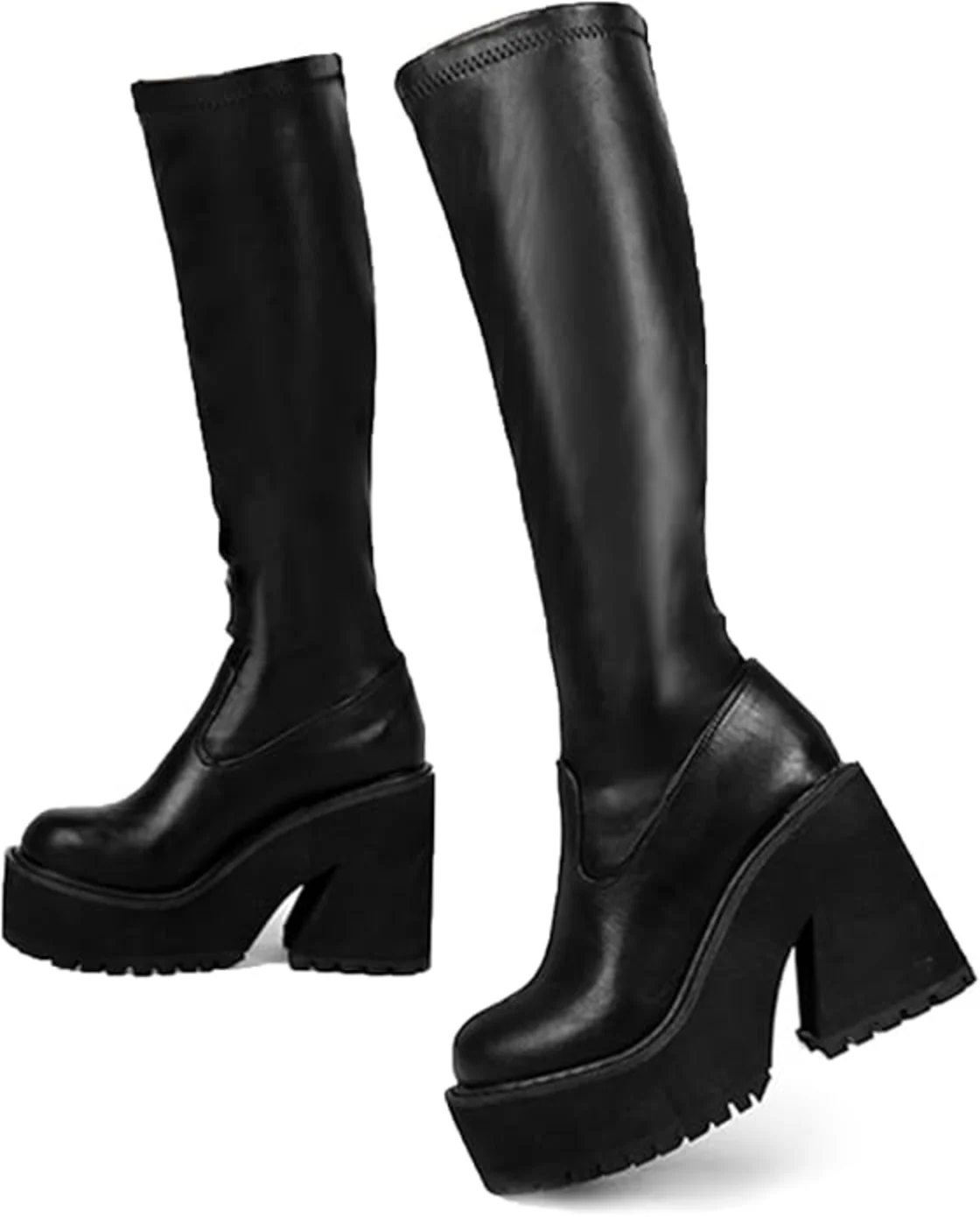 AMINUGAL Platform Knee High Boots Elastic Wedge Chunky Heel Tall Goth Combat Boots