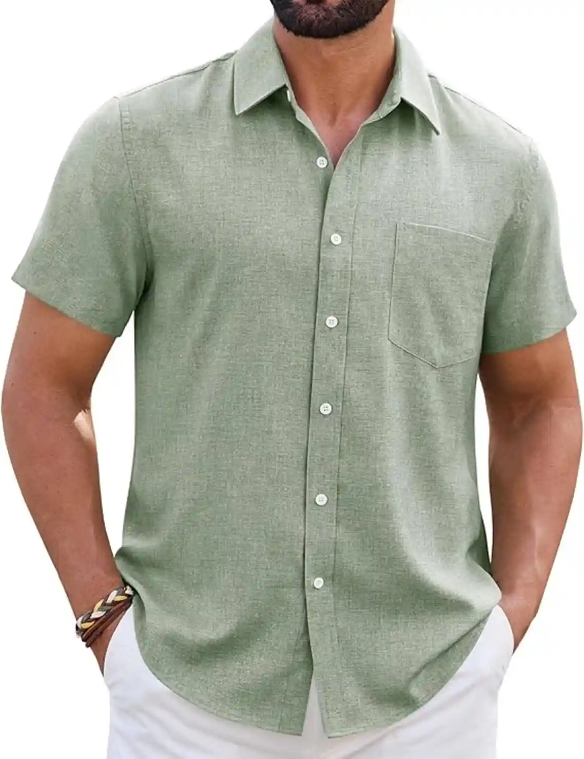 ROUWELL Mens Casual Button Down Linen Shirts Short Sleeve Summer Beach Tops