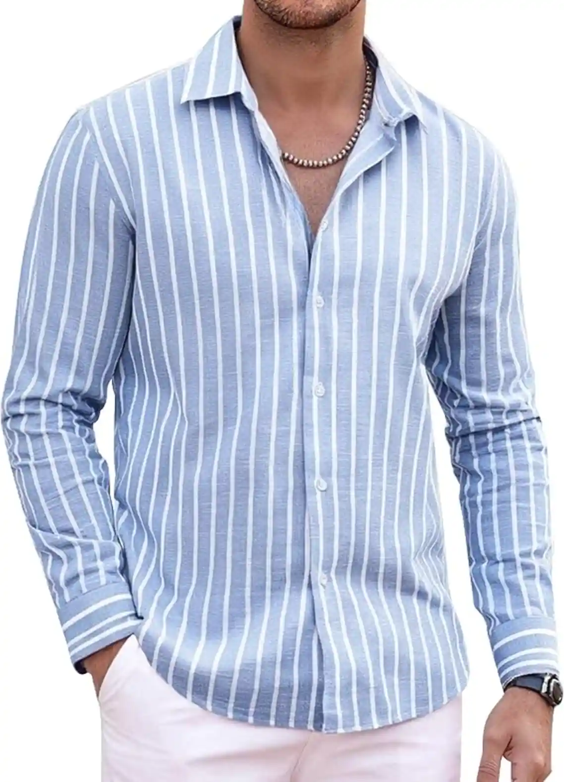 Alex Vando Mens Cotton Linen Long Sleeve Button Down Striped Beach Shirt