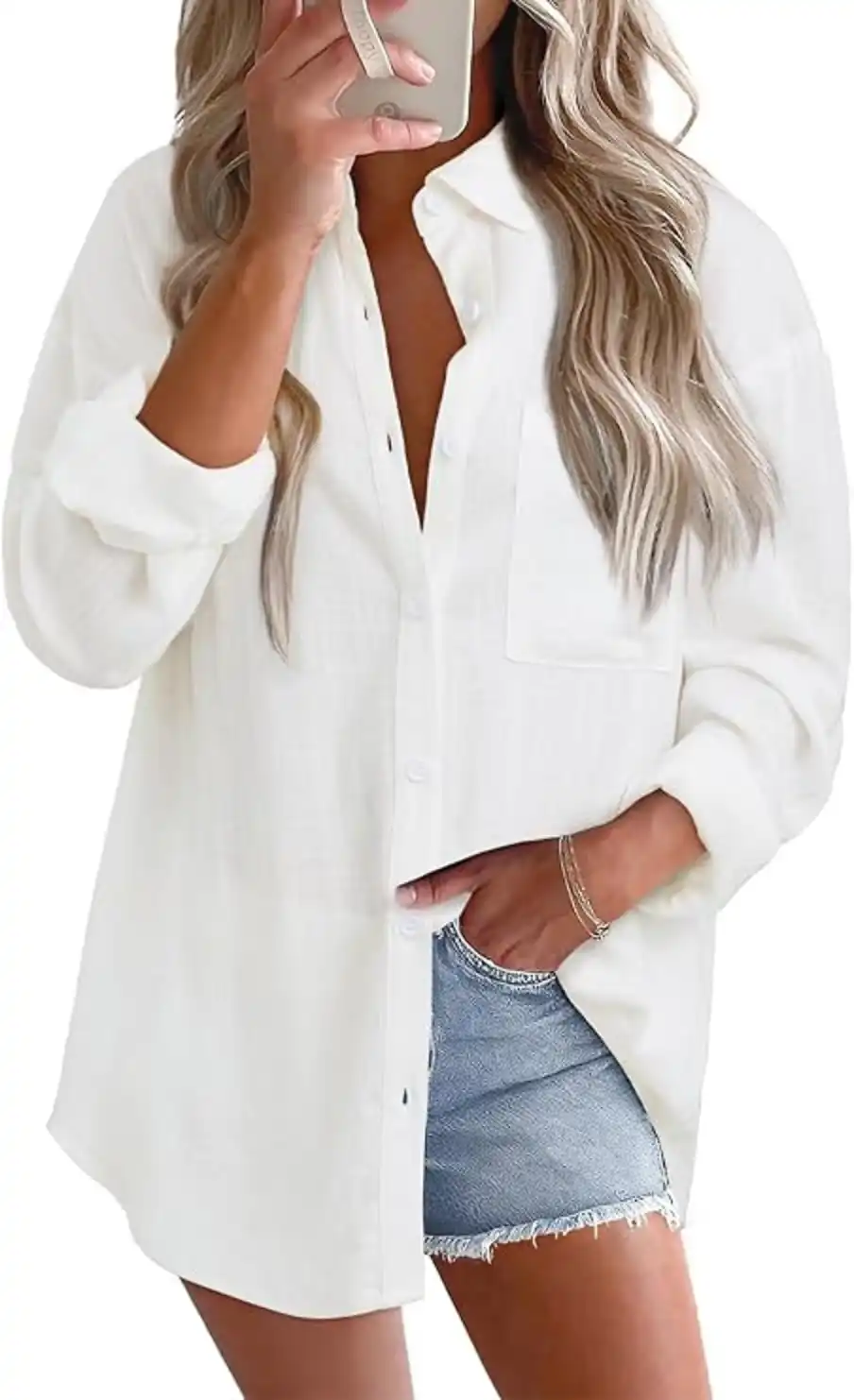Astylish Women Loose Fit Linen Cotton Button Down V Neck Blouse