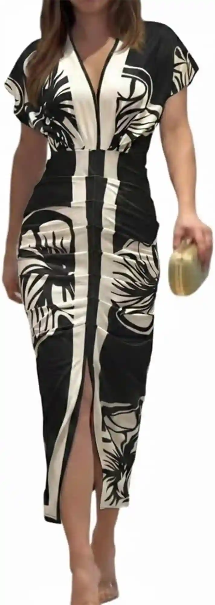 CHICME Womens Plunge V Neck Ruched Midi Dress Floral Print Side Slit Bodycon Sundress