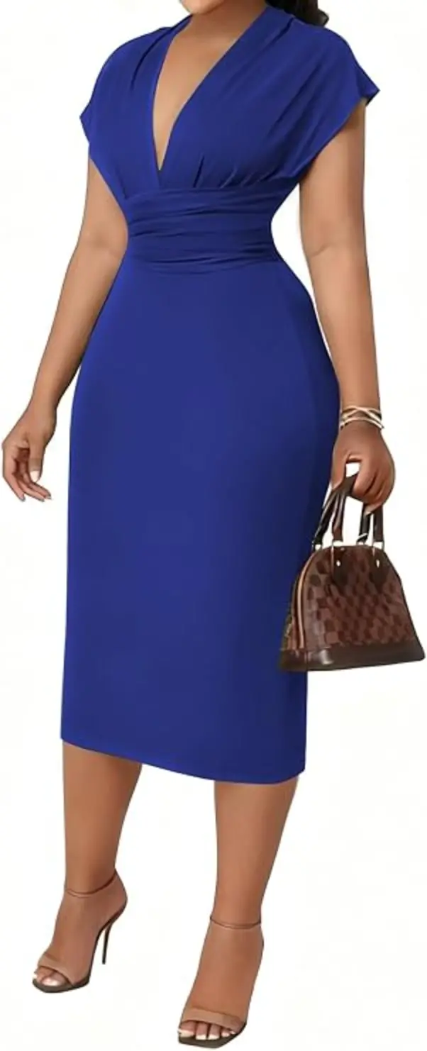 Womens Royal Blue Bodycon Midi Dress Deep V Neck Cap Sleeve Ruched High Waist Stretchy Dress