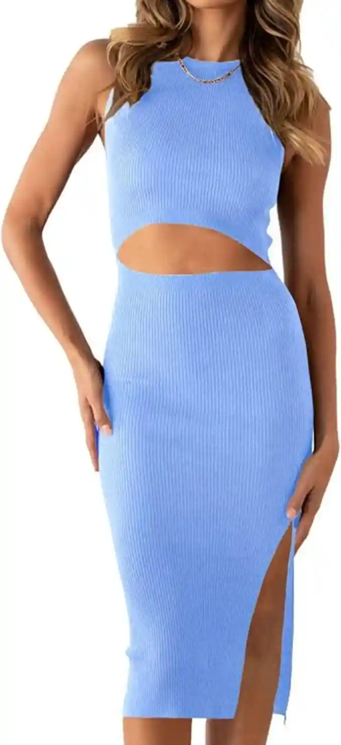 PRETTYGARDEN Womens Summer Sleeveless Bodycon Midi Dress Crew Neck Cut Out Ribbed Knit Side Slit Tank Top Dress
