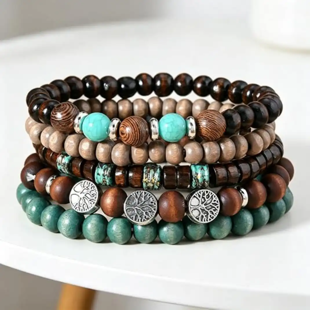 Tree of Life Beaded Bracelets Set for Women Boho Stackable Wood Bead Stretch Jewelry