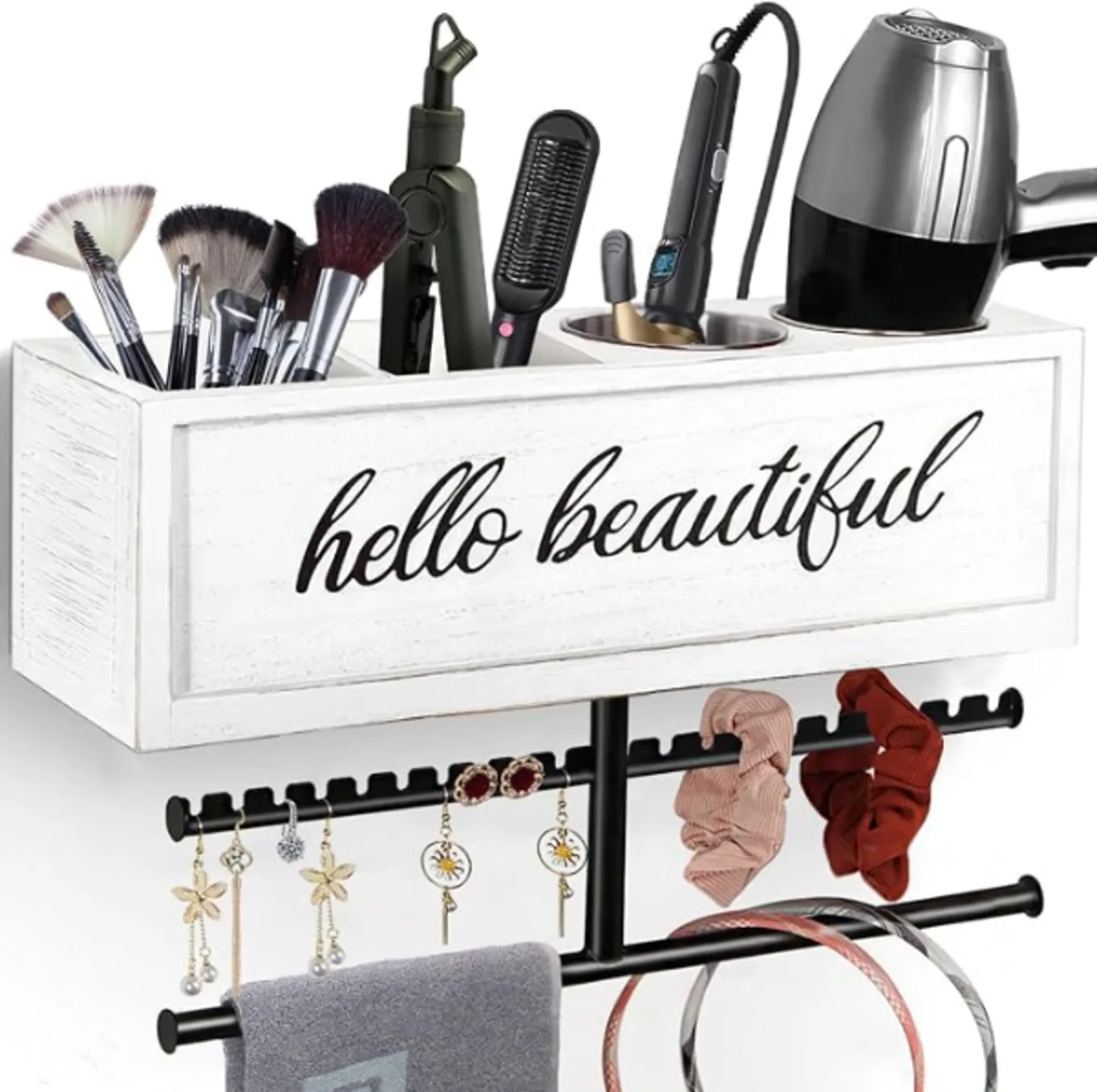 Rustic Wall Mounted Hair Dryer Holder with 6 Sections for Styling Tools and Accessories Organizer