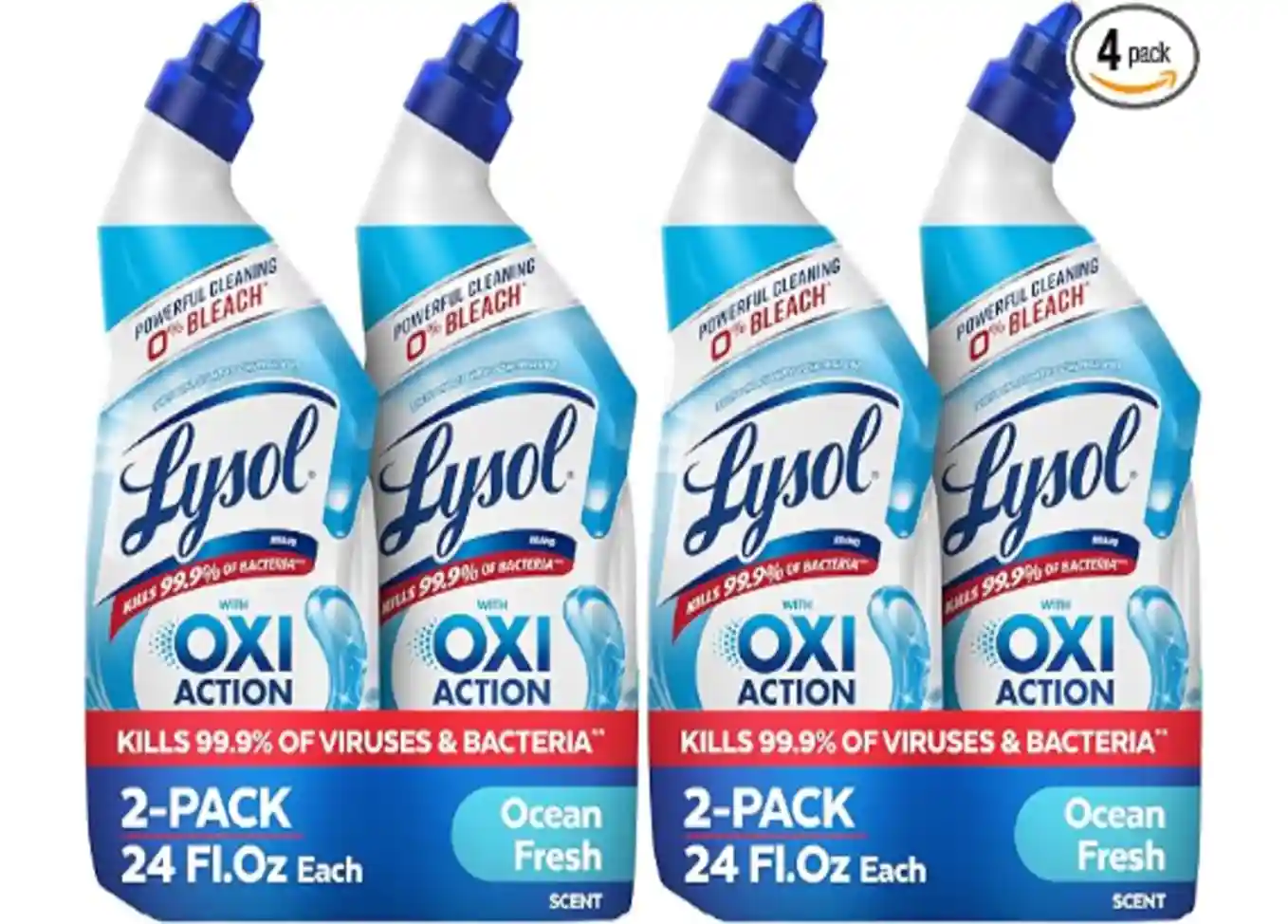 Lysol Toilet Bowl Cleaner Clinging Gel, OXI Action, 0% Bleach, 24 oz, 4 Pack