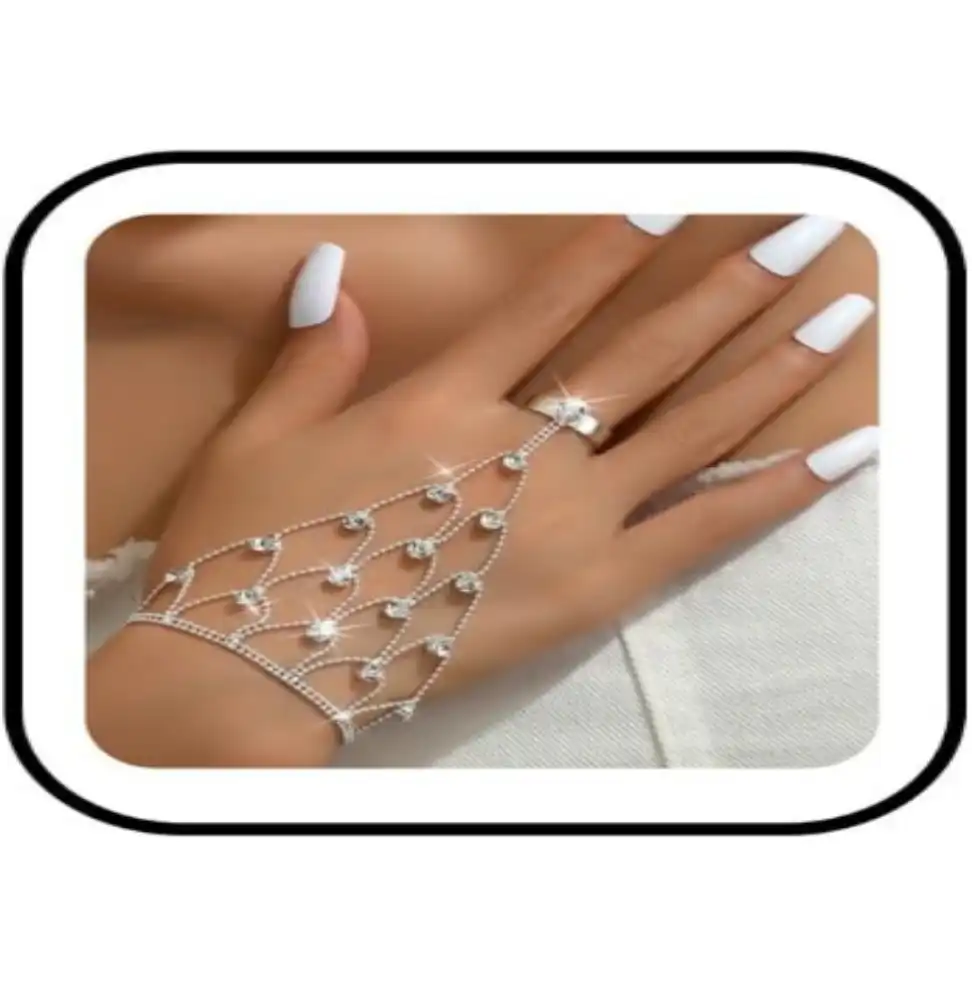 Rhinestone Ring Hand Chain Bracelet for Women Sparkling Crystal Hand Chain Adjustable Silver Jewelry
