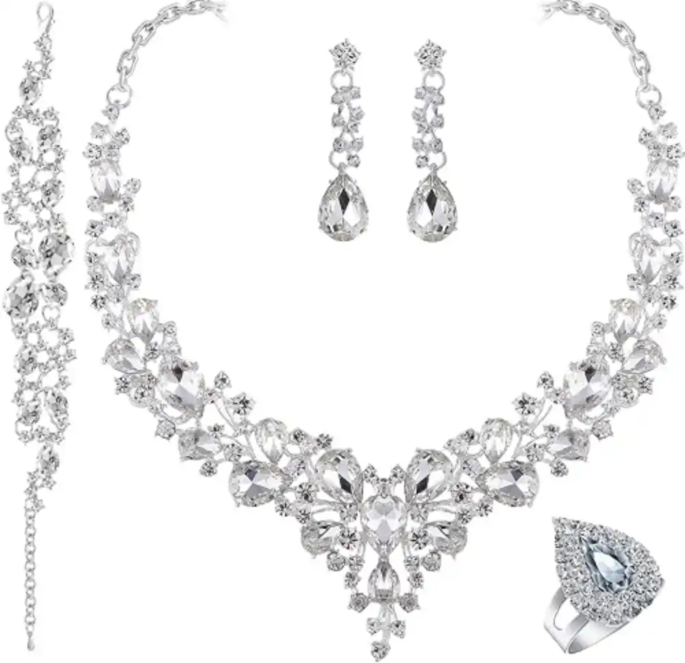 Paxuan Crystal Bridal Wedding Jewelry Sets Statement Choker Necklace Earrings Bracelet Ring