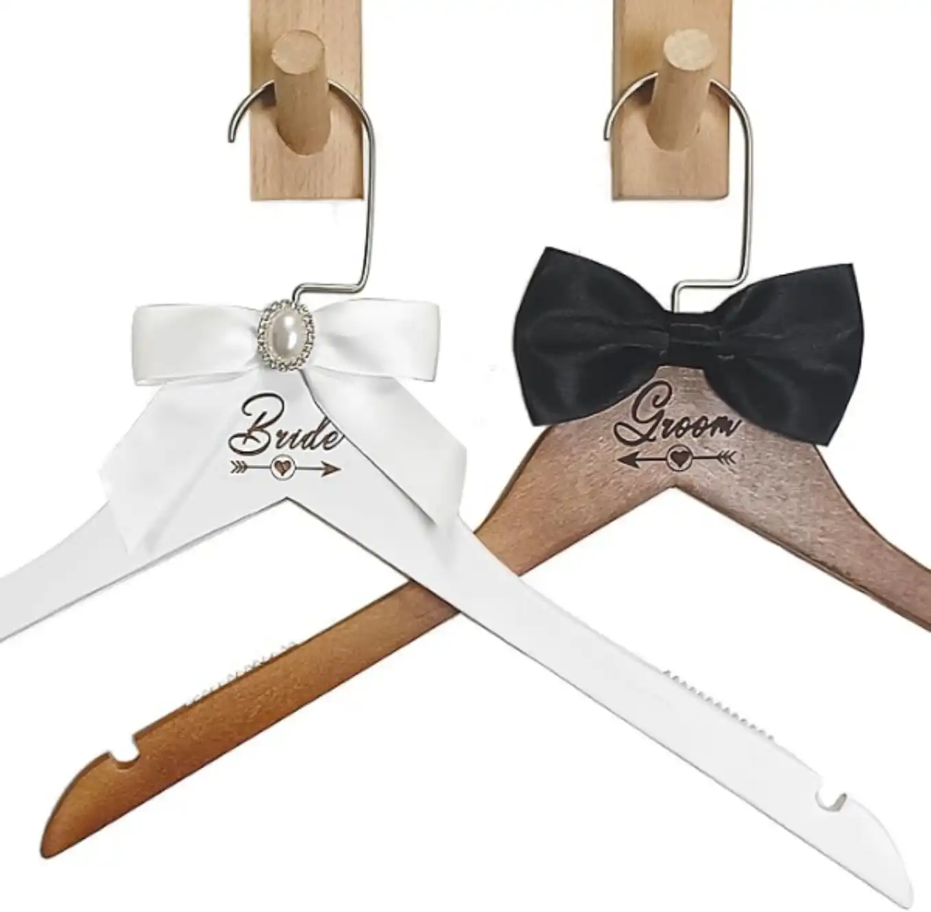 2 Pcs Bride Wedding Dress Hanger Wooden Groom Suit Set Mr and Mrs