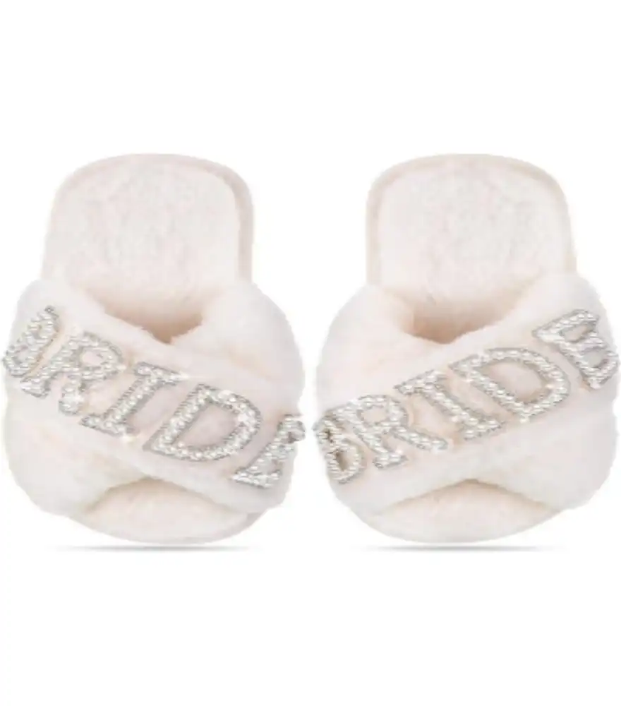 Jiuguva Bride Slippers Fluffy Cross Band Pearl Rhinestone Wedding Slippers for Bridal Party