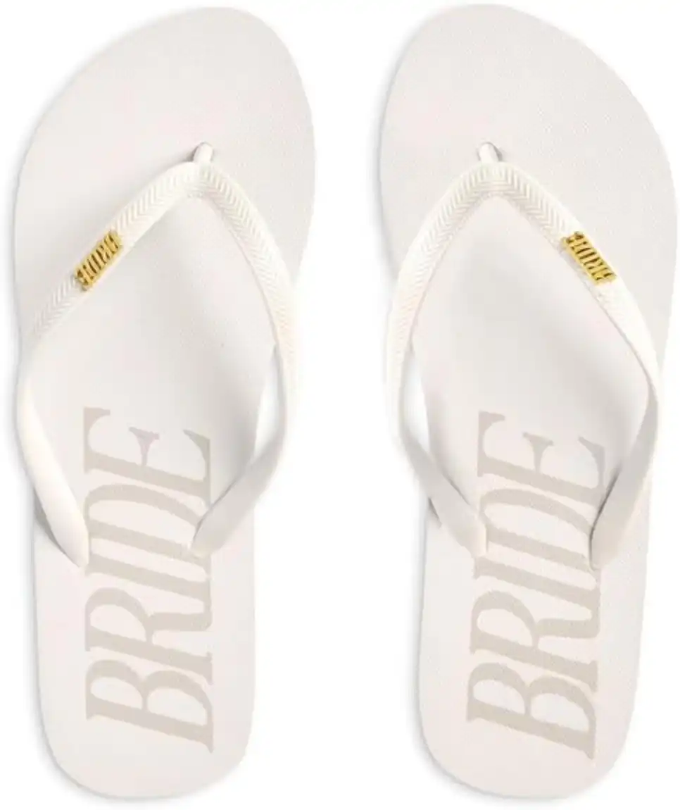 xo Fetti Bride Flip Flops Off-White Bachelorette Beach Sandal with Gold Bride Charm