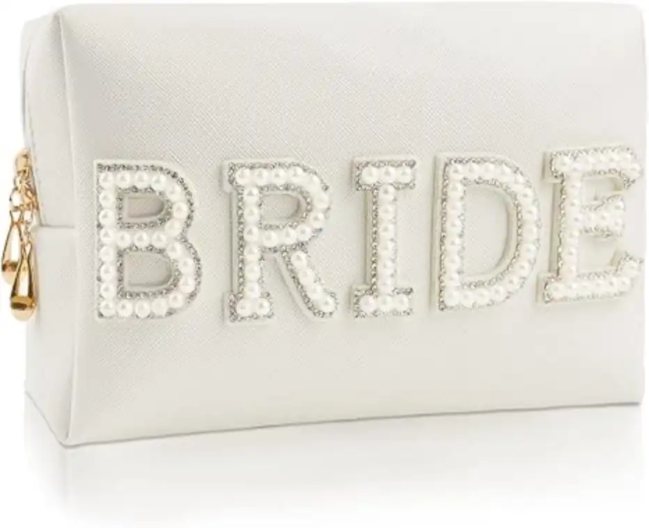 Kovewon Bride Patch Letter Makeup Bag White Pearl Rhinestone Waterproof Travel Toiletry Cosmetic Pouch