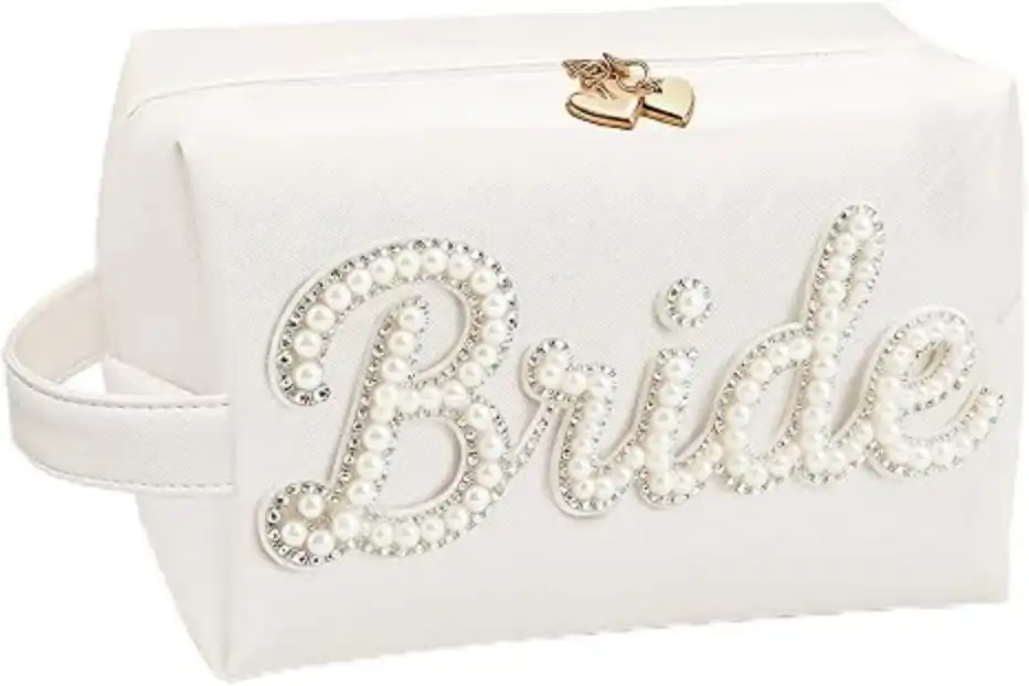 Aobkiat Bride Pearl Makeup Bag Waterproof PU Leather Toiletry Bag with Handle for Wedding