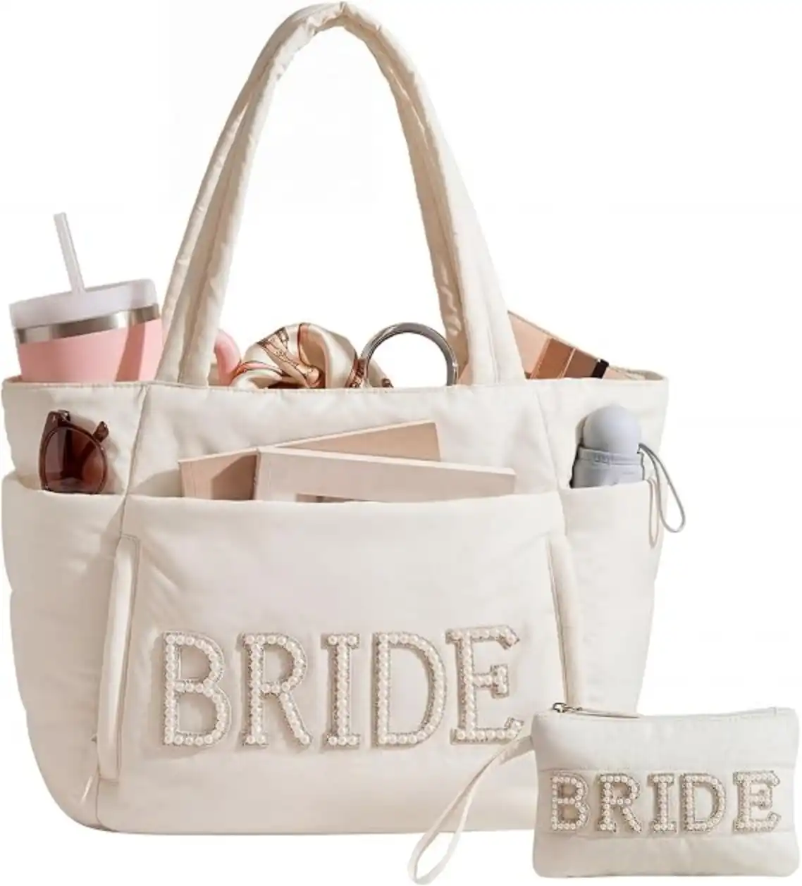 Bride Puffer Tote Bag Set Lightweight Puffy Handbag with Matching Toiletry Pouch for Wedding Travel