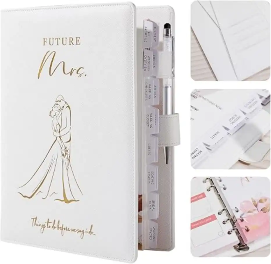 AW BRIDAL Wedding Planner Book and Organizer White Hardcover Leather Keepsake Binder with Checklist Gift Box Set