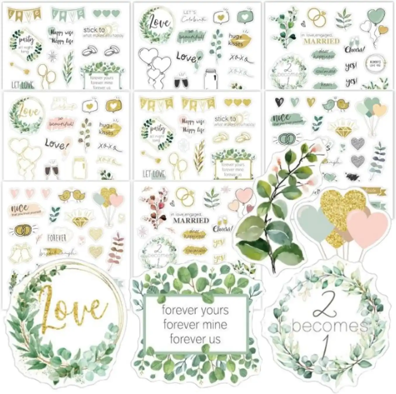 UEHENUE Gold Green Wedding Stickers for Scrapbooking 8 Sheets 200 Pcs Waterproof Self Adhesive Bridal Scrapbook Supplies