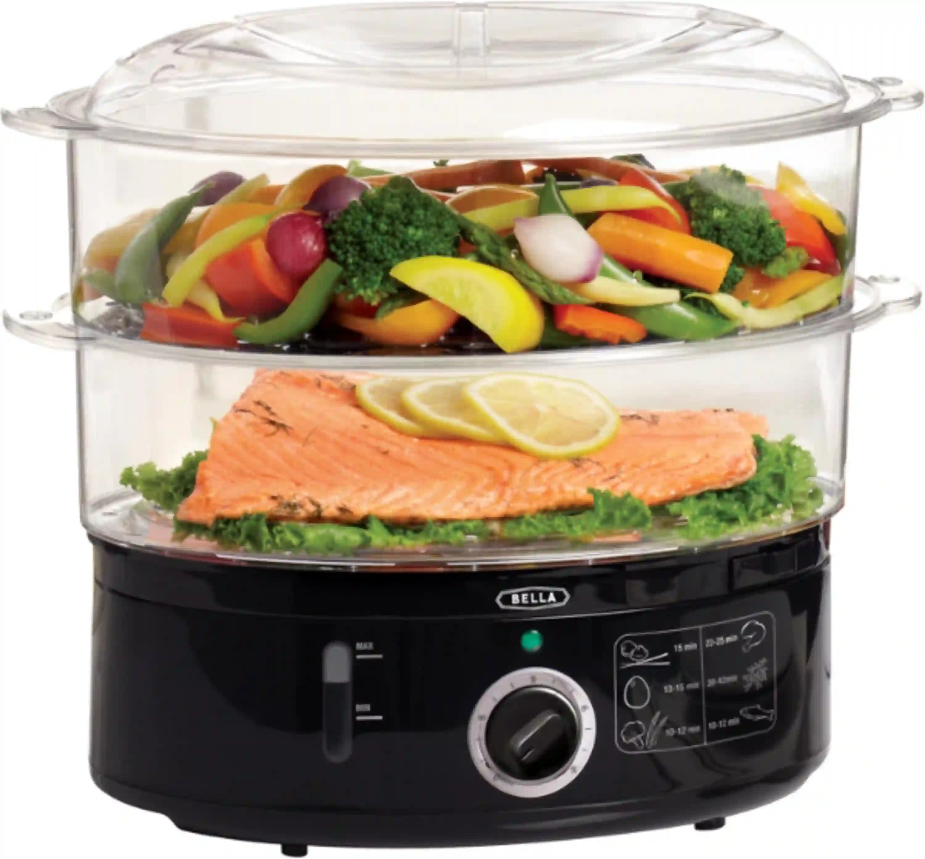 BELLA Two Tier Food Steamer with Stackable Baskets and Auto Shutoff in Black