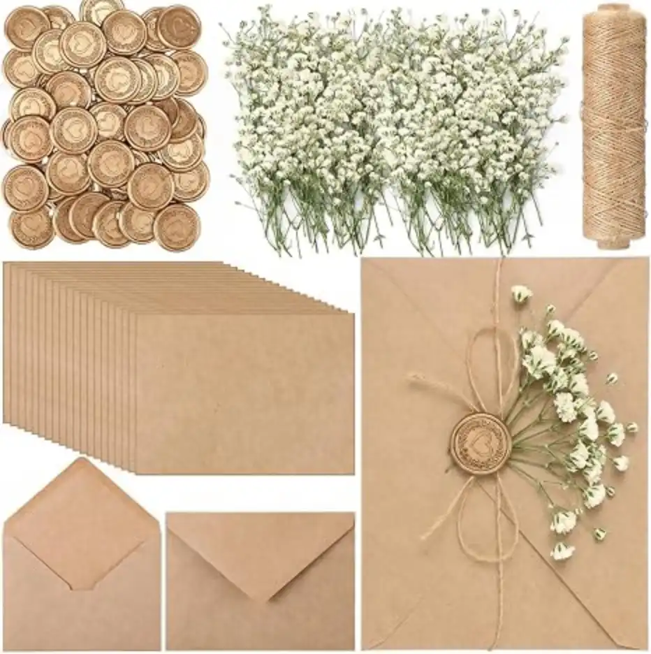 Dunzoom 50 Sets Wedding Invitations Wraps Set Envelopes Classic Brown Vellum Jackets Self Adhesive Wax Seal Dried Flowers Kraft