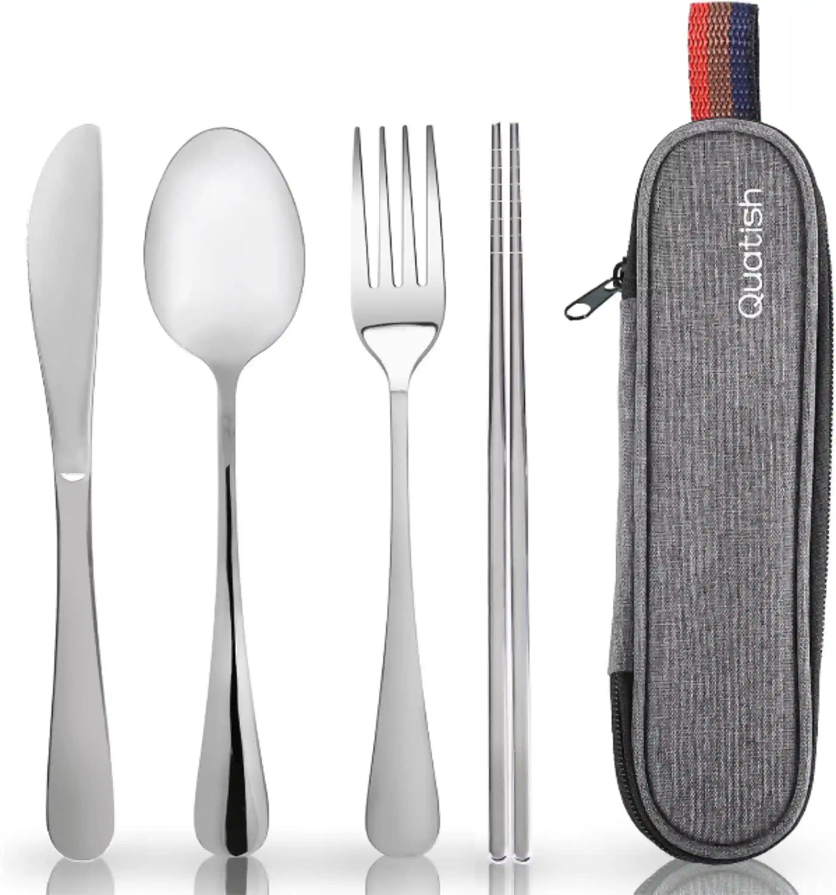 Quatish Reusable Travel Utensils Set with Waterproof Case for Camping Work