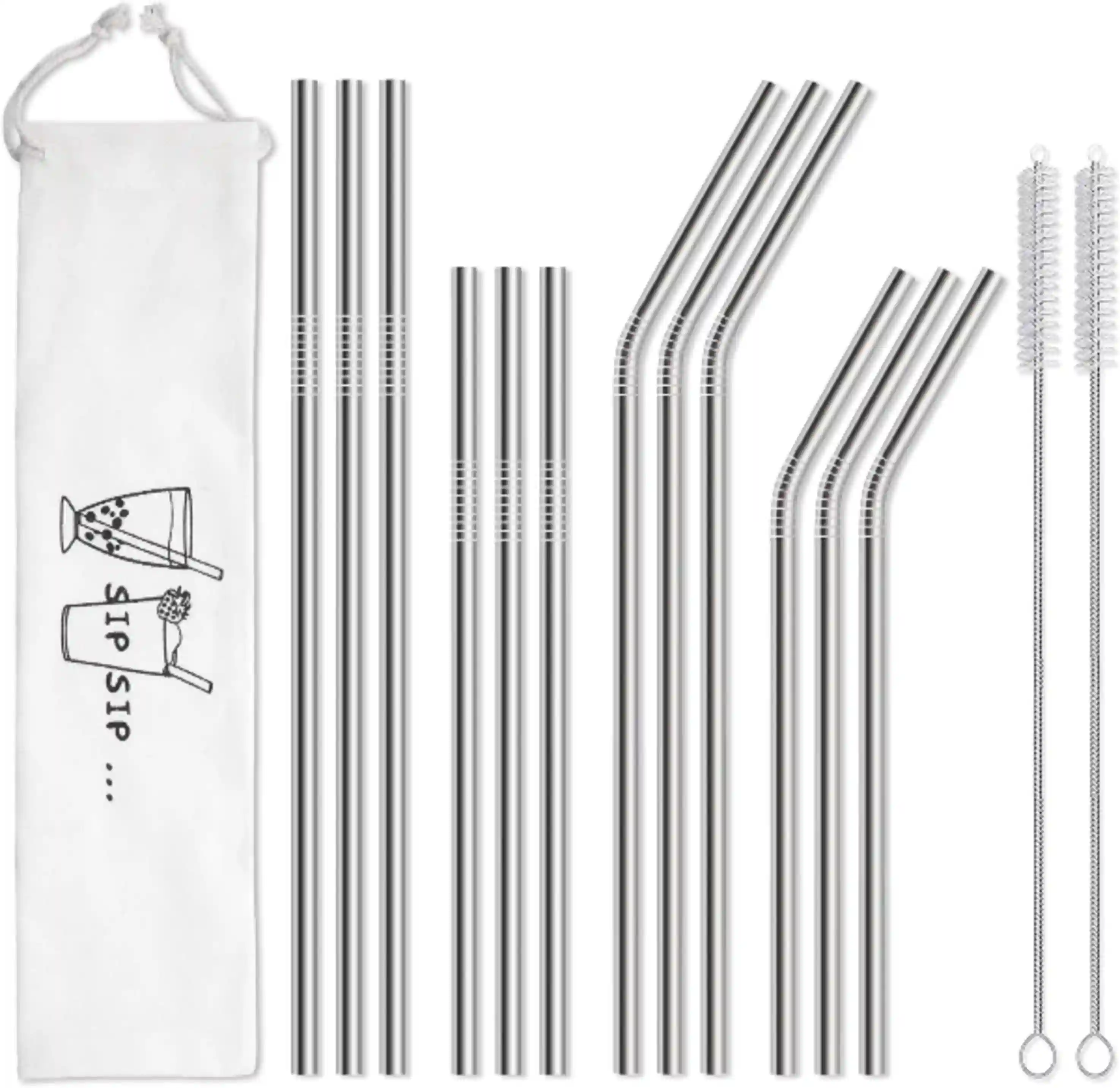 Hiware 12 Pack Reusable Stainless Steel Metal Straws with Carrying Case and Brushes