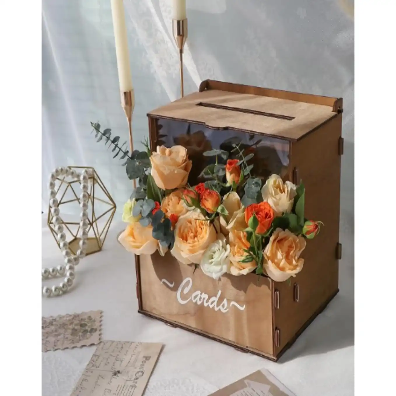 Rustic Wooden Wedding Card Box with Flower Trough and Acrylic Display Panel