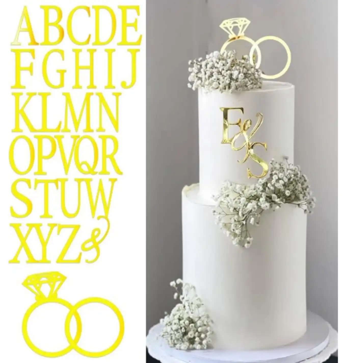 DiDida Personalized Wedding Cake Topper Diamond Ring with 26 Acrylic Letters