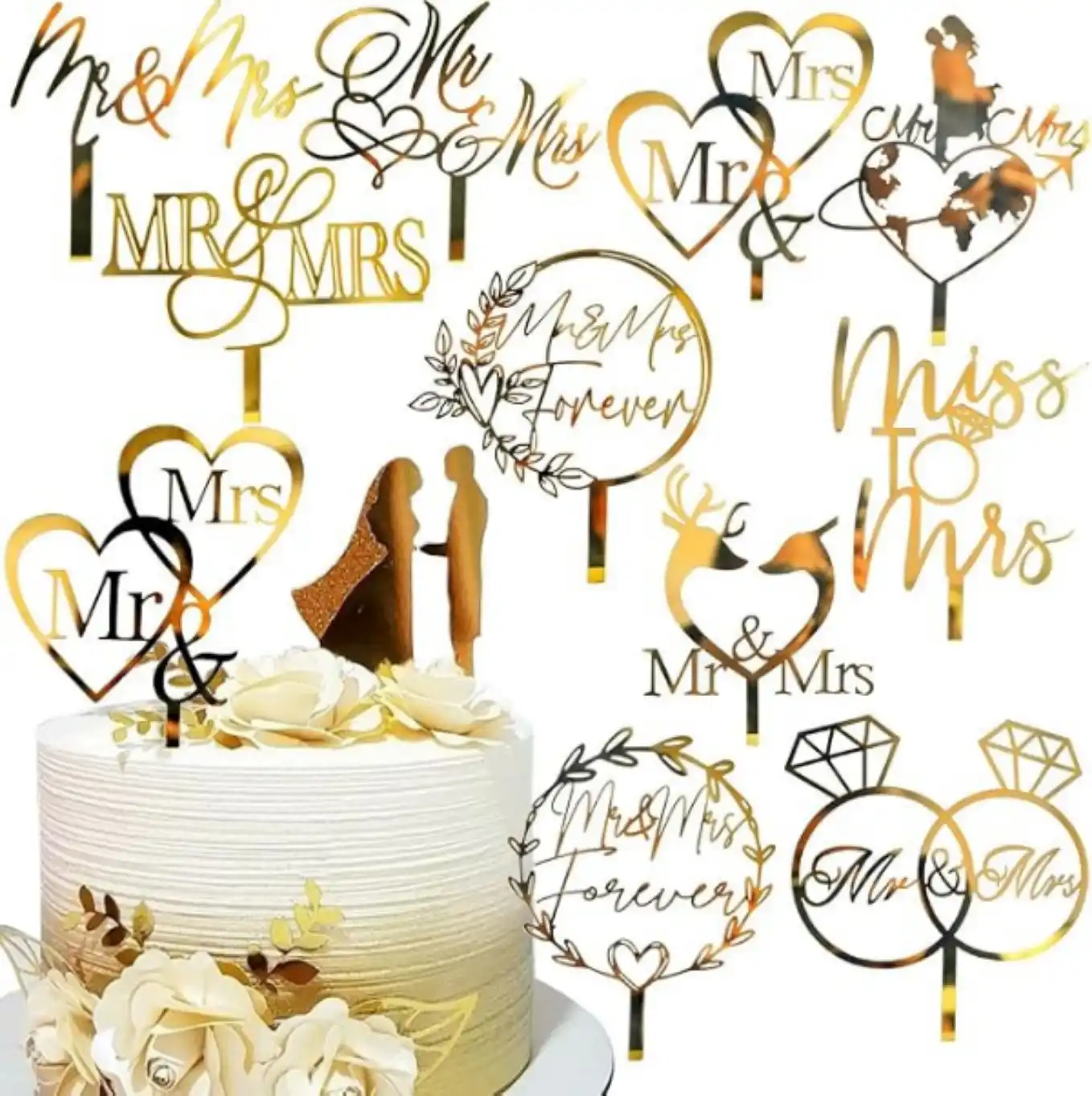 IPEWOEF 10Pcs Mr and Mrs Acrylic Cake Topper Set Gold Wedding Decorations