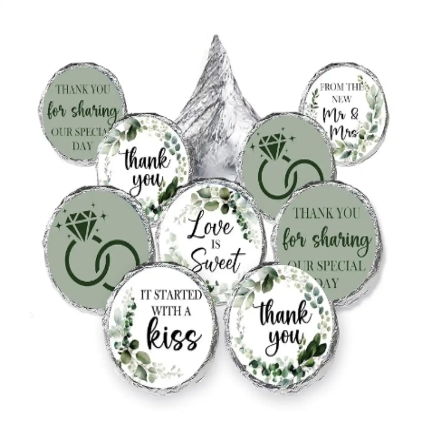 HandEasy Sage Green Wedding Favor Chocolate Kisses Stickers 270 Labels