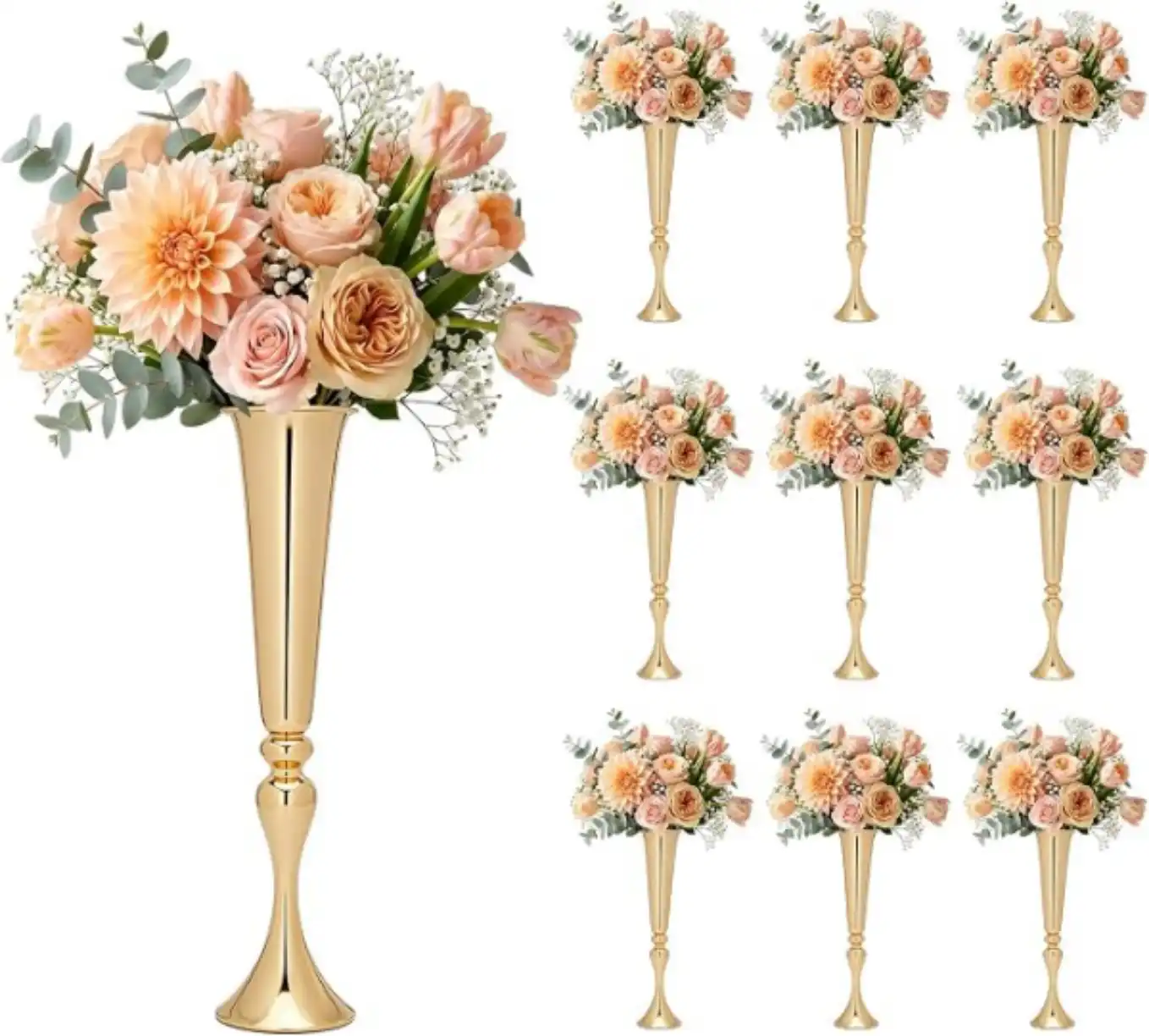 Nexivis 10 Piece 22 Inch Tall Gold Trumpet Vases Centerpiece Set