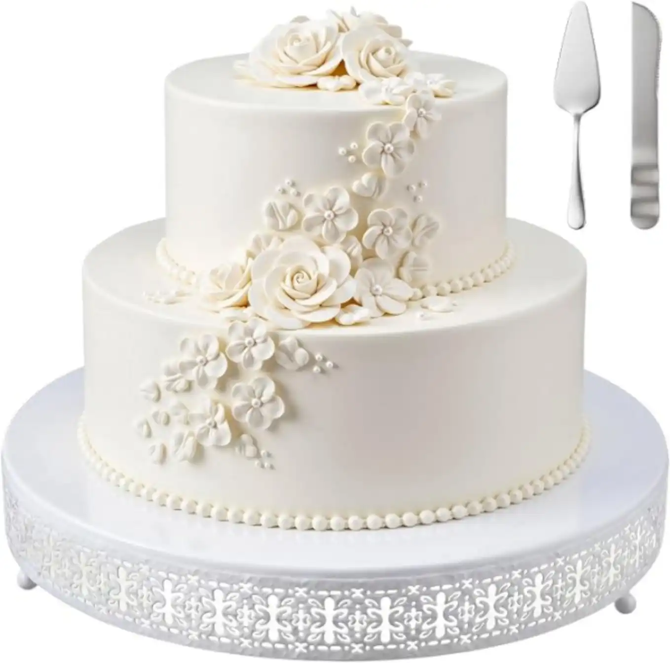 Wenqik 16 Inch White Metal Cake Stand Set with Knife and Spatula