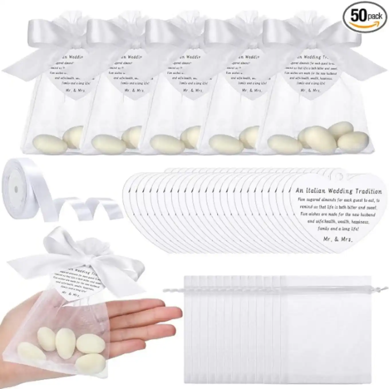 Fullhawl 50 Sets Italian Wedding Favor Kit Organza Bags Tags Ribbon
