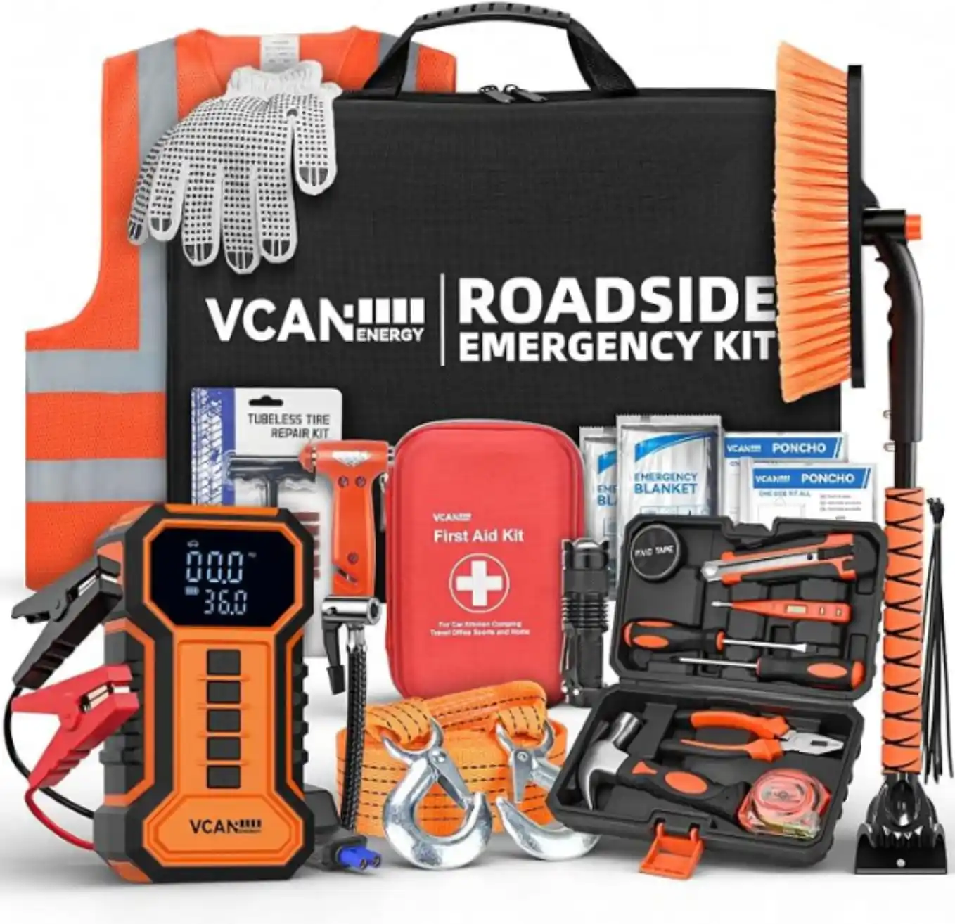 VCANENERGY Jump Starter with Air Compressor 141 Piece Car Emergency Safety Roadside Kit